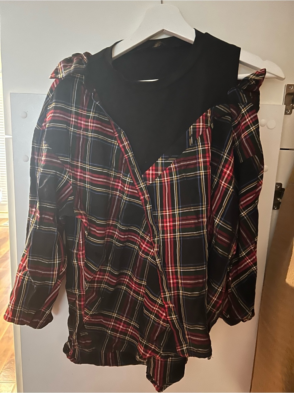 MAJE size small 0 Plaid off the shoulder blouse  with Black Yoke